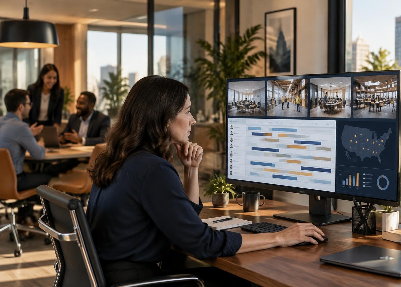 An HR manager reviewing multi-location dashboards on a wide monitor