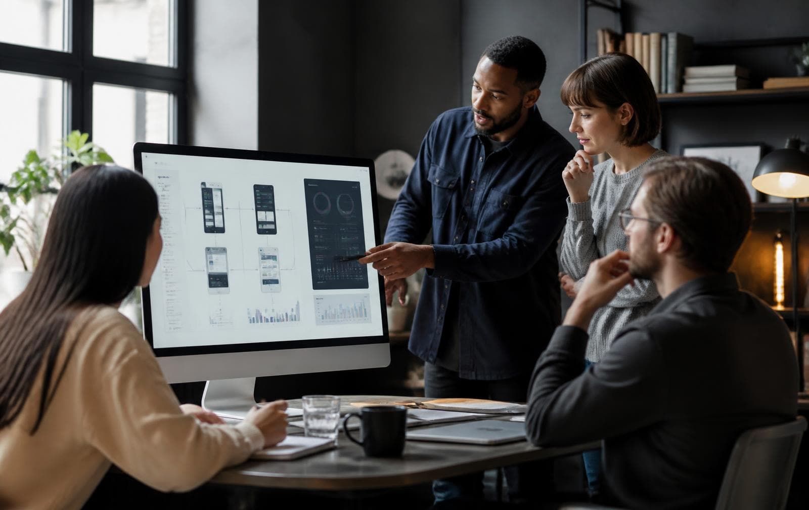 Product team reviewing web app interface and workflow designs on screen