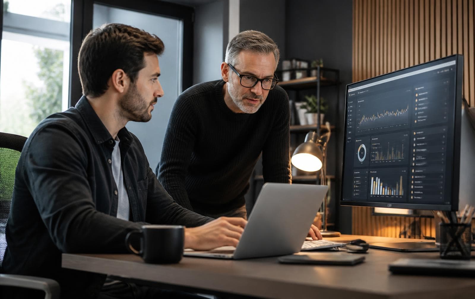 SaaS founders reviewing a product analytics dashboard on a laptop and monitor