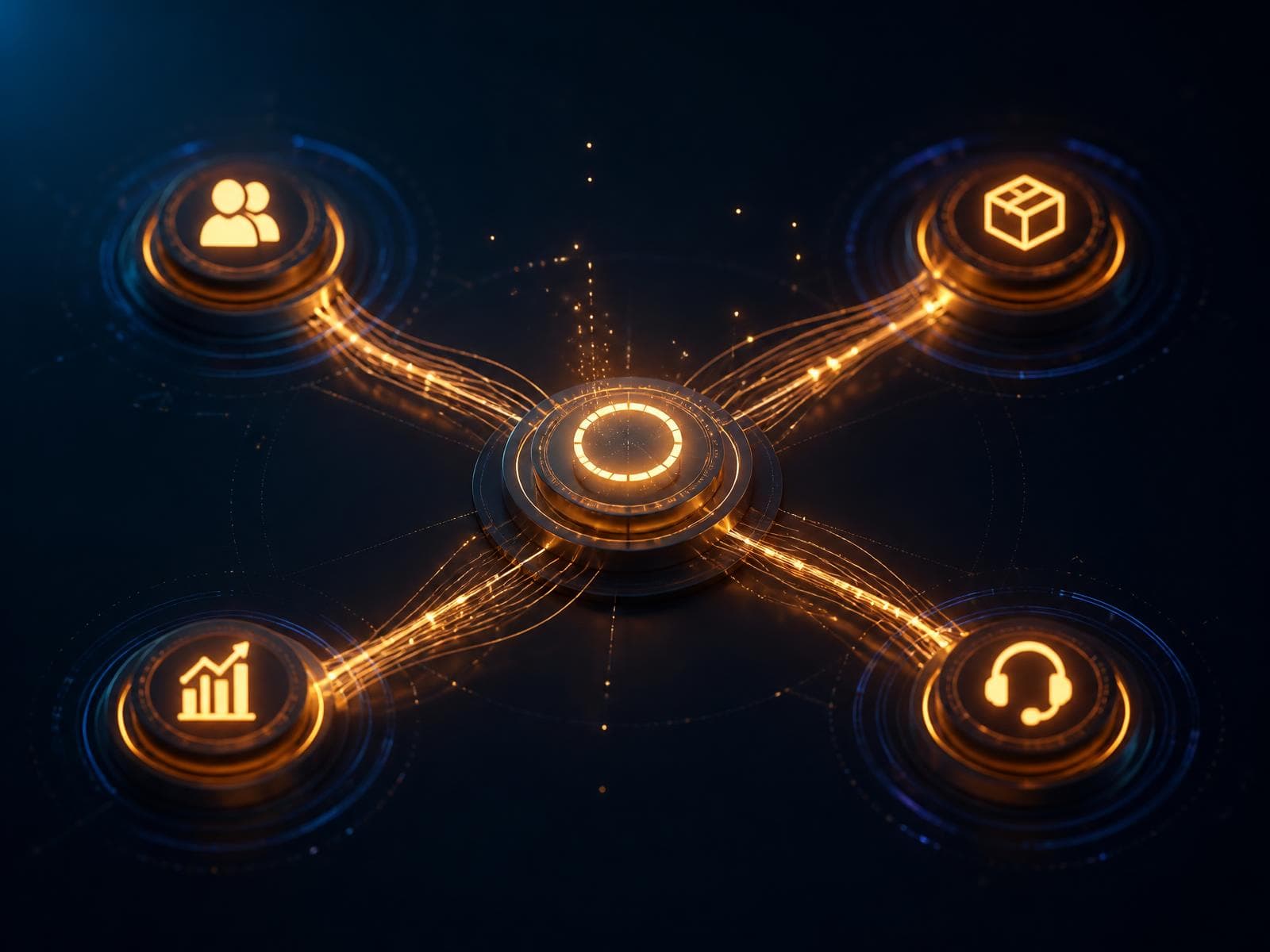 A glowing network hub connecting icons for people, inventory, analytics, and support, representing multiple business systems synced together