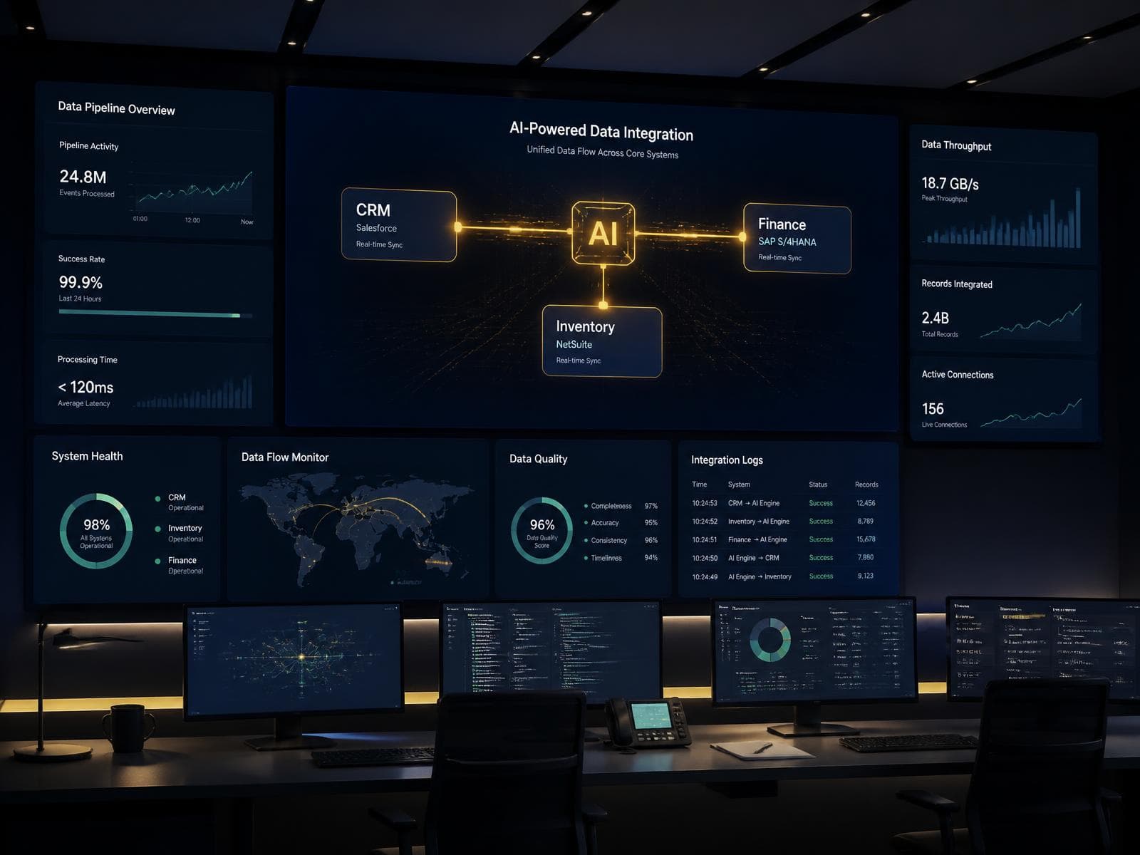 A control-room dashboard showing AI-powered data integration syncing CRM, finance, and inventory systems in real time