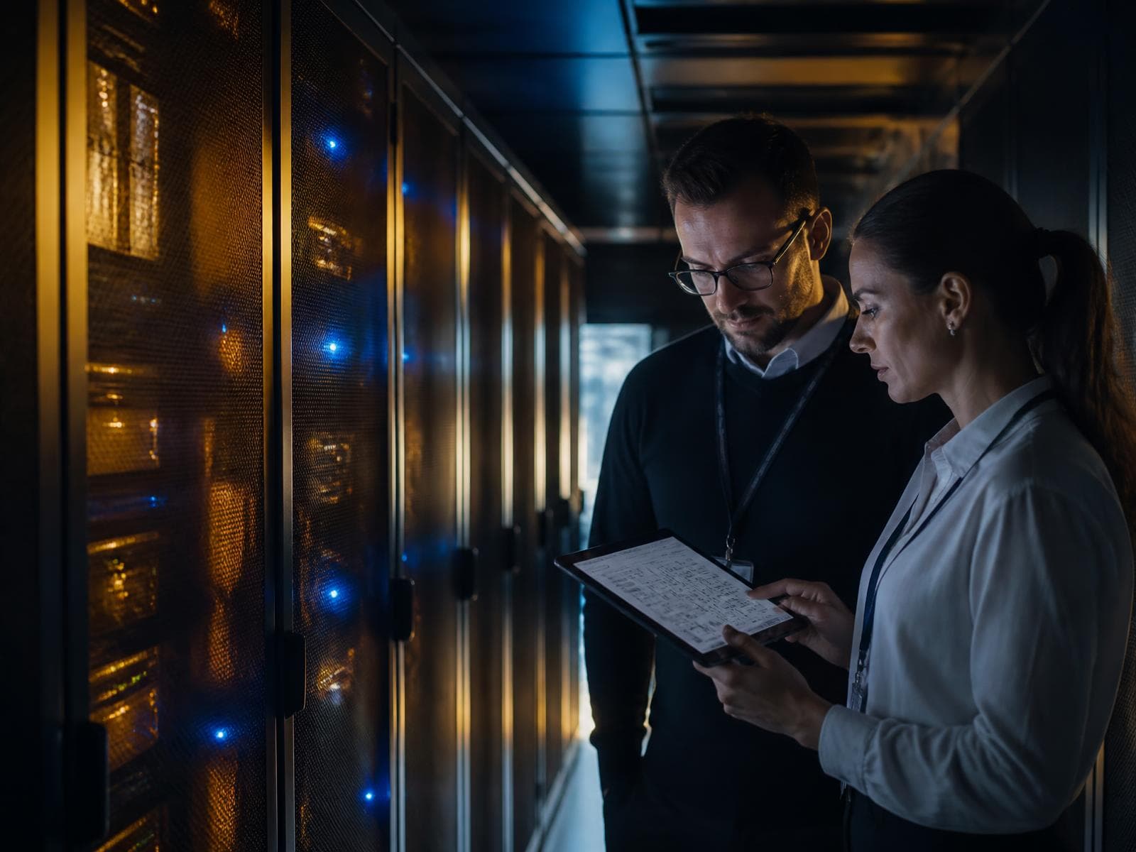 Two engineers reviewing infrastructure diagnostics on a tablet inside a server room