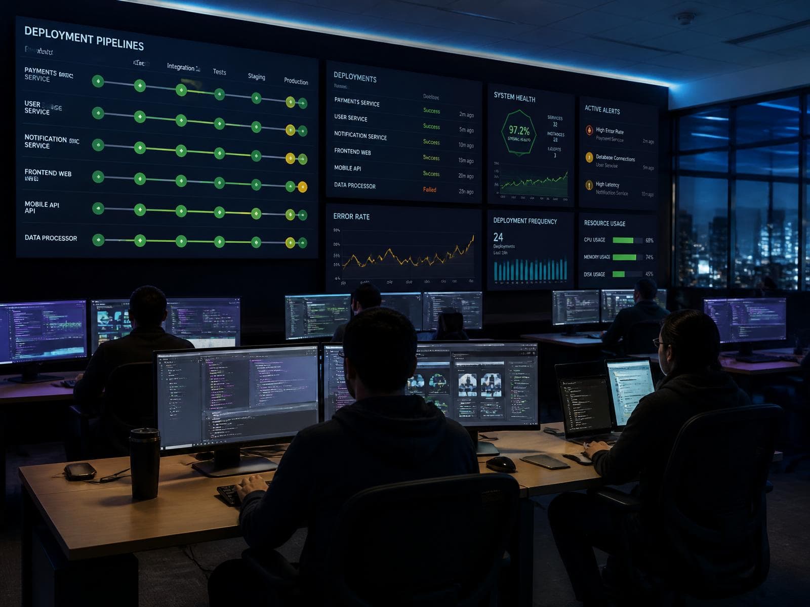 A DevOps control room dashboard showing deployment pipelines, system health, error rate, and active alerts across services