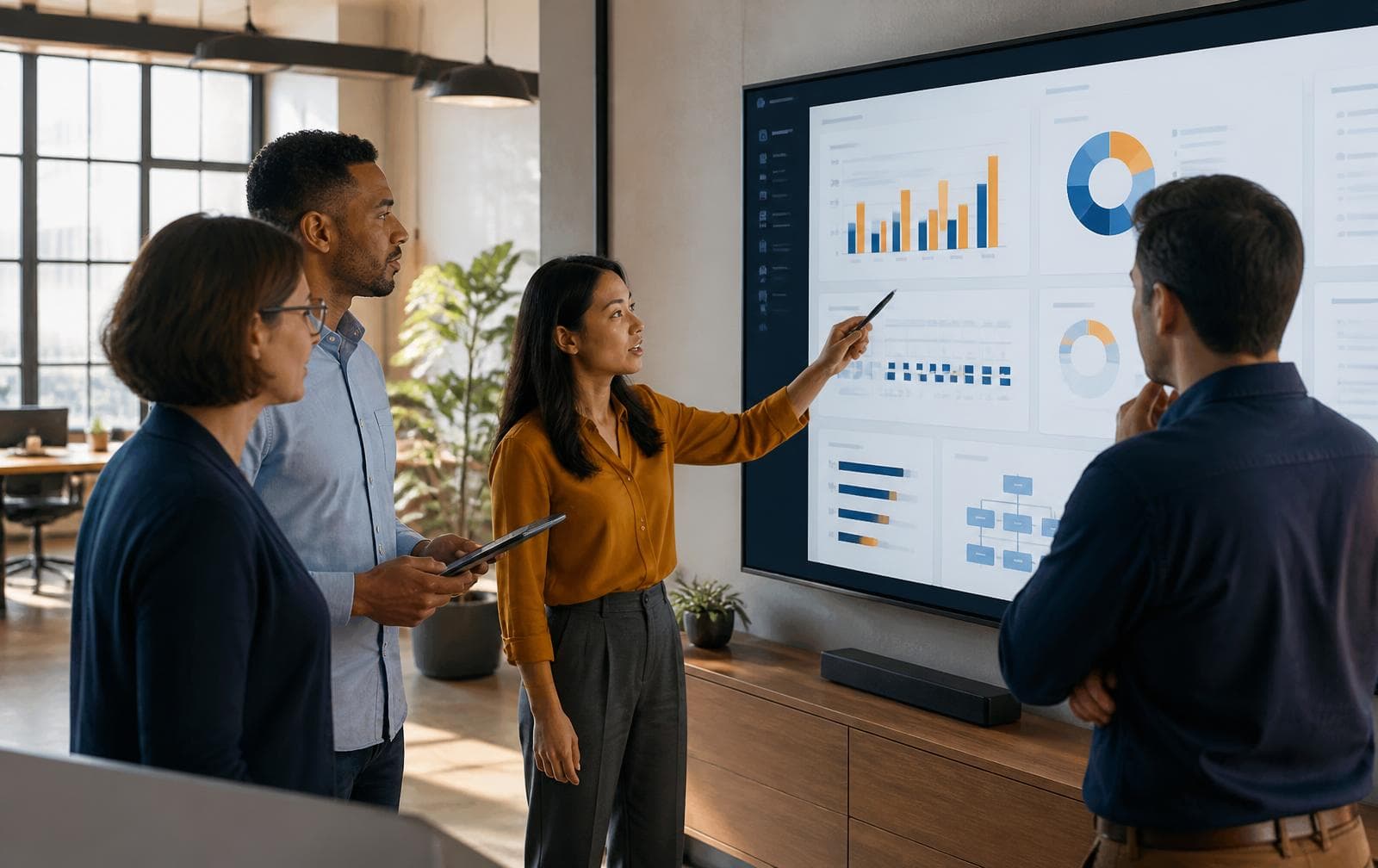 Team reviewing connected finance, HR, and inventory dashboards on a shared ERP screen