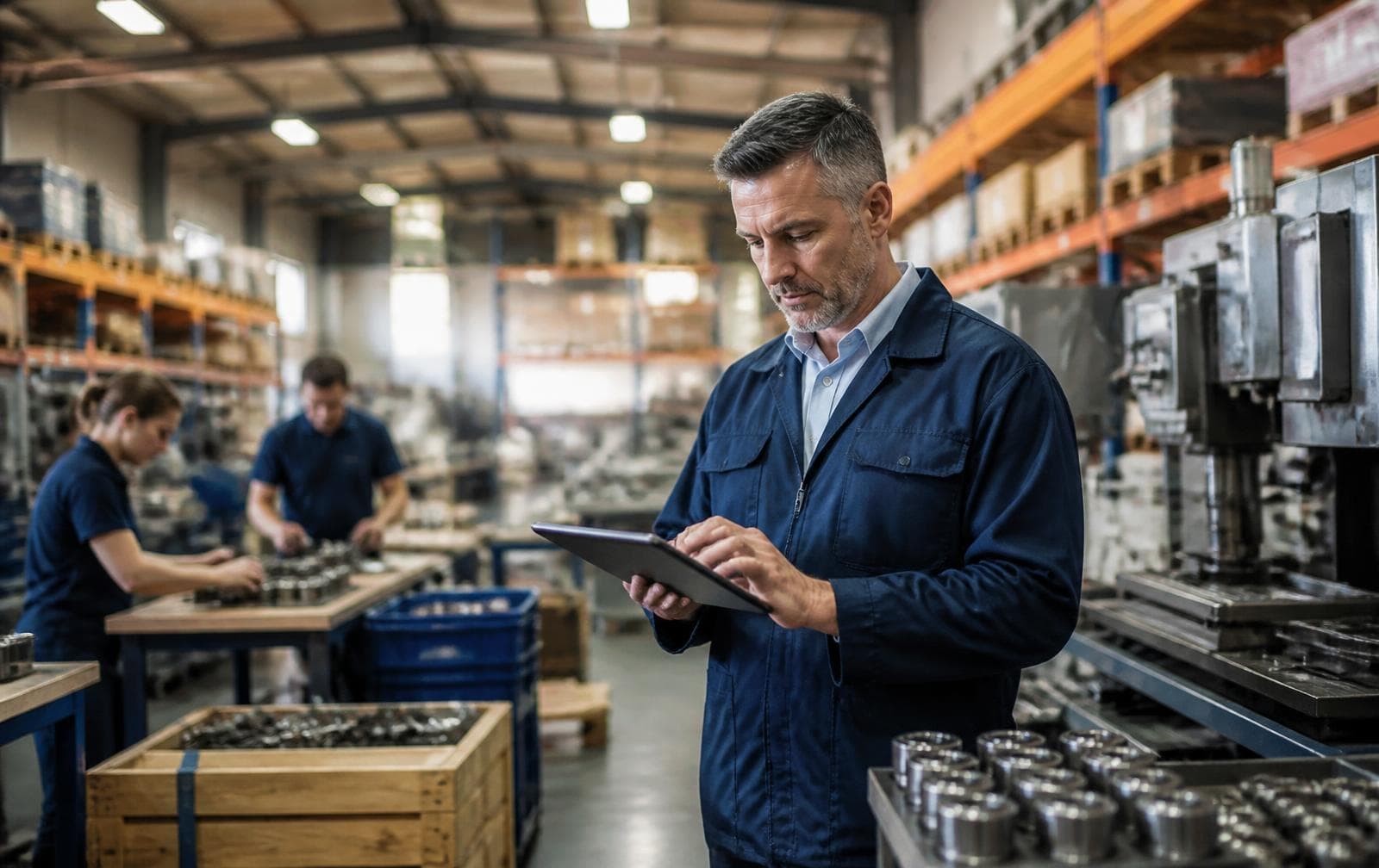 Manufacturing supervisor reviewing production data on a tablet on the shop floor