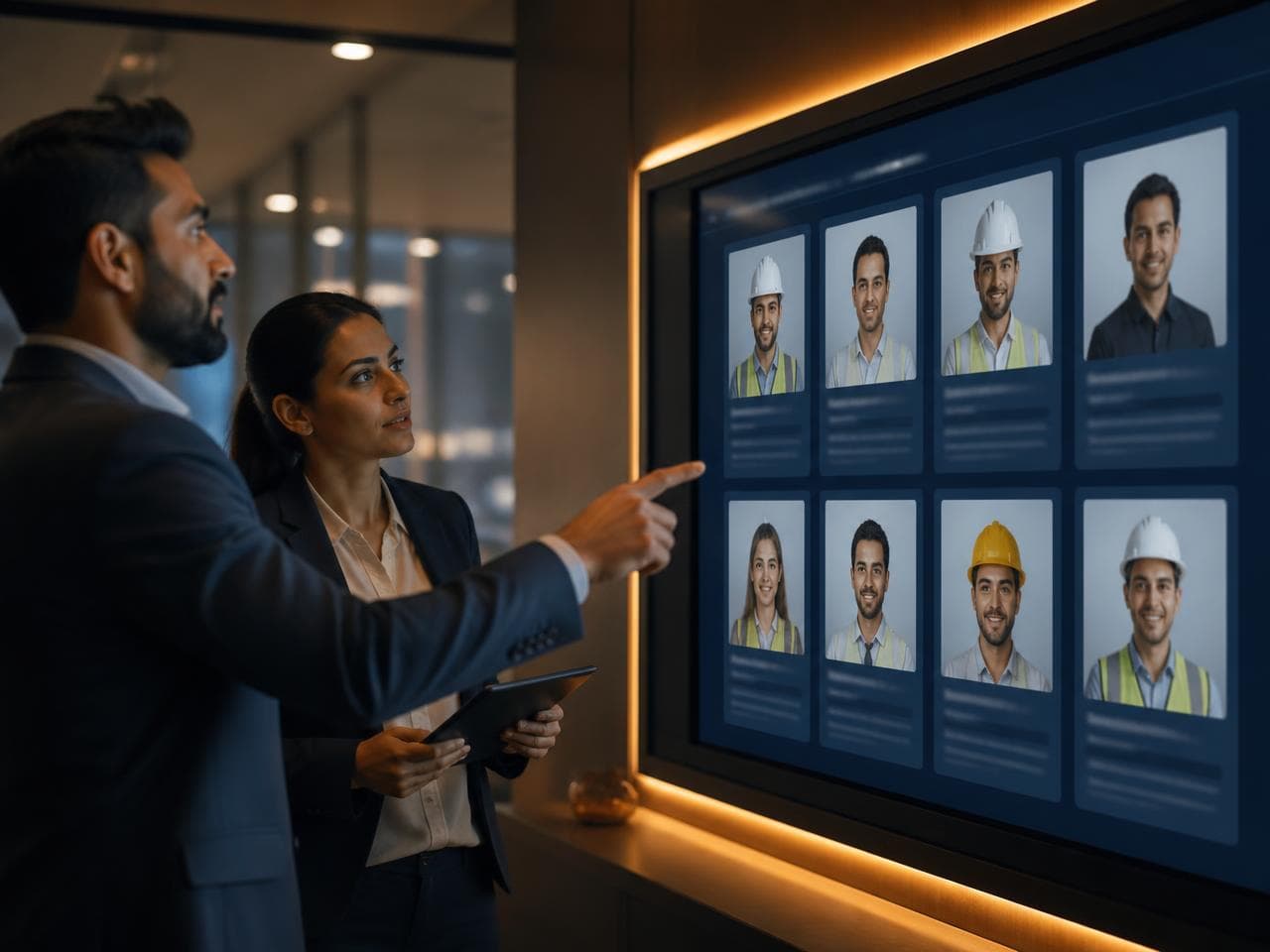 Two colleagues reviewing a shortlist of candidate profiles on a large screen