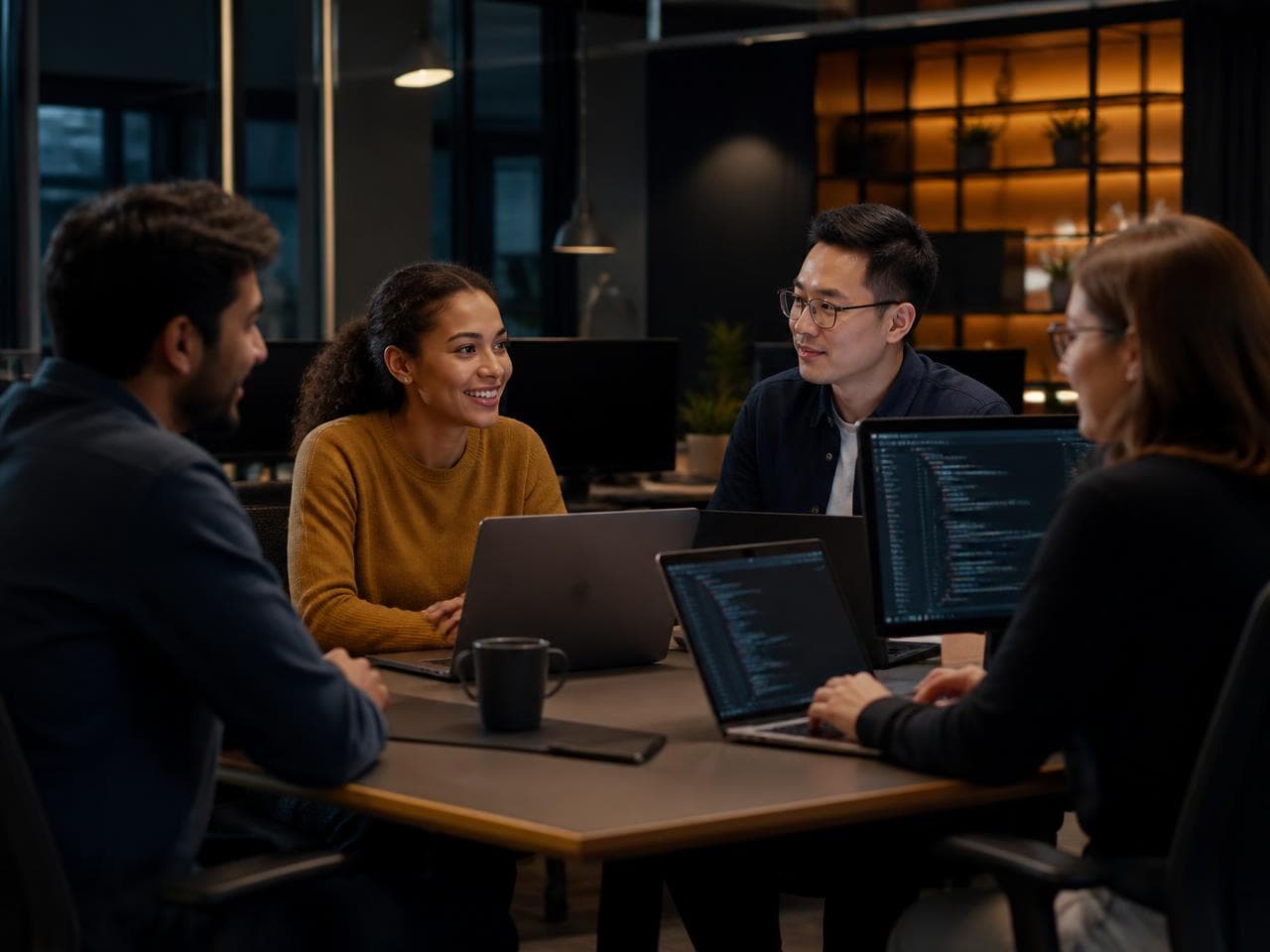 Four teammates collaborating around laptops in a modern office