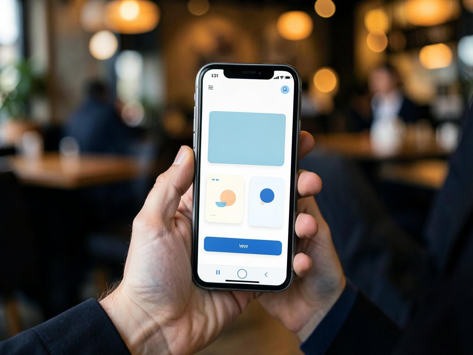 A person holding a phone showing a mobile app interface inside a restaurant
