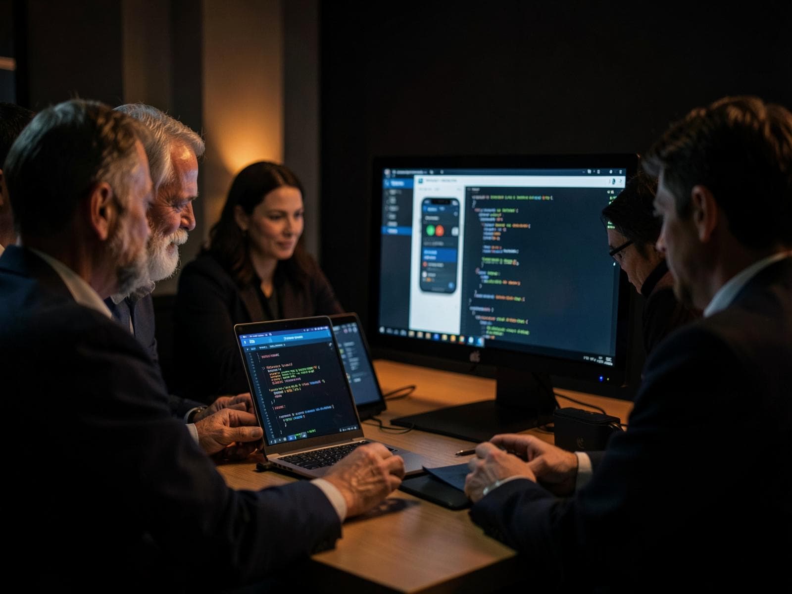 A senior team reviewing mobile app code and a mobile app screen together